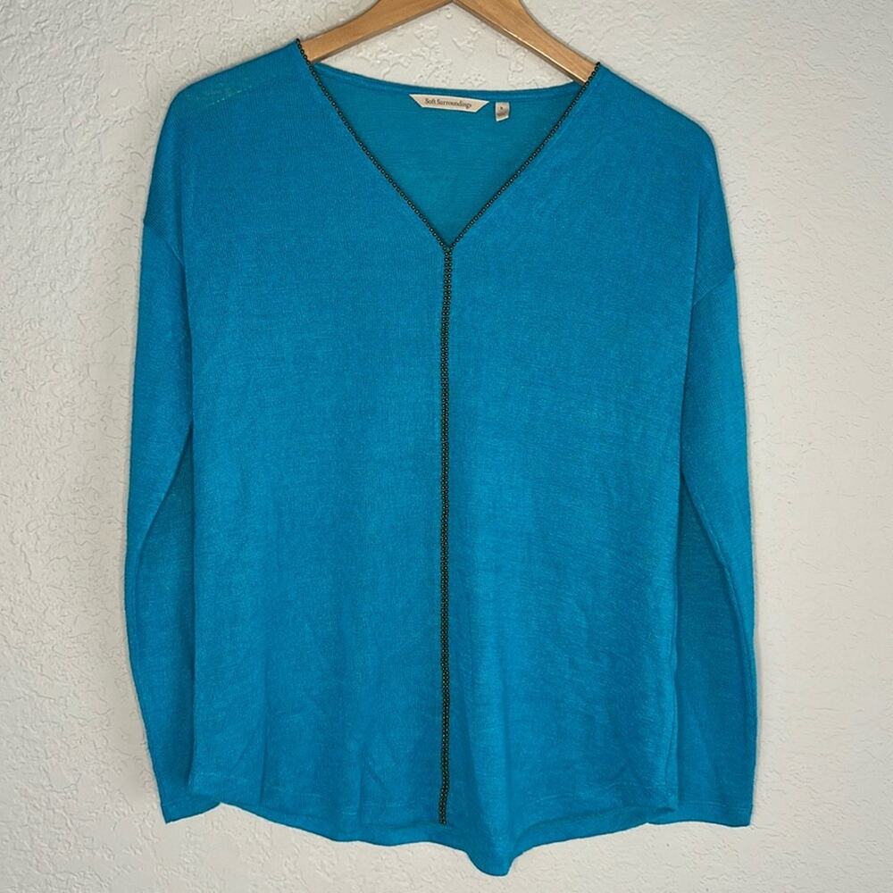 NEW Soft Surroundings Aqua Blue Long Sleeve Sweater Copper Rivets V Neck Rayon
